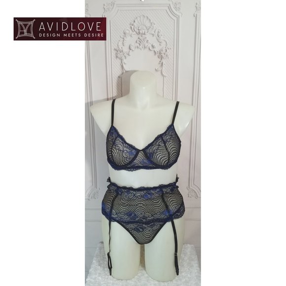 NWT Avid Love 3Pcs/Set Lace Floral Bra+G-string Panties+Garter Belt Plus XXL - Picture 2 of 10